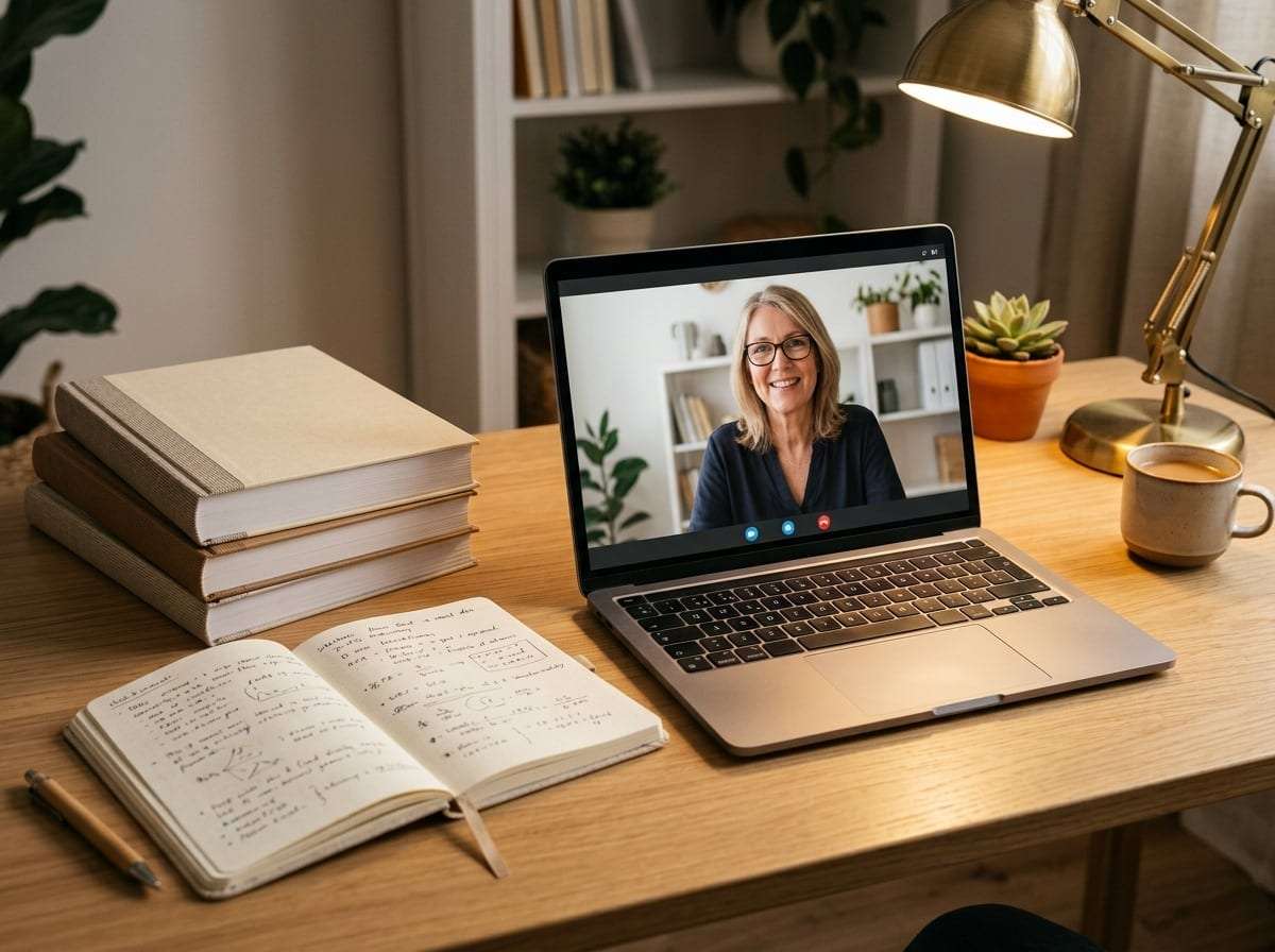 Postazione studio con laptop per coaching Master SLAMP, manuali e appunti sulla scrivania