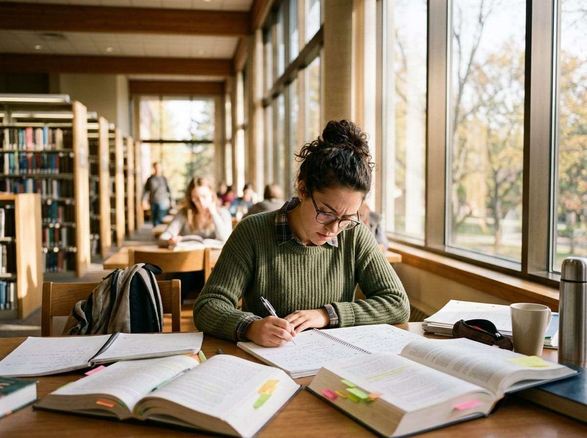 Studente universitario motivato in biblioteca, ideale per il percorso Master SLAMP di Metodo Universitario