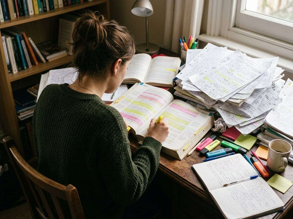 Metodo di studio sbagliato: studente universitario con libri evidenziati e riassunti accumulati
