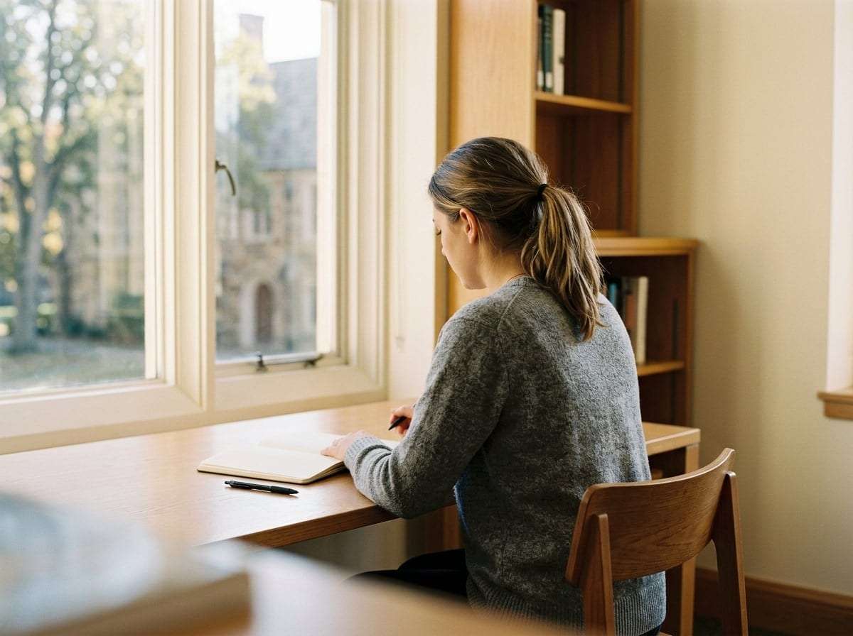 Metodo di studio efficace: studente universitario sereno alla scrivania senza ansia da esame