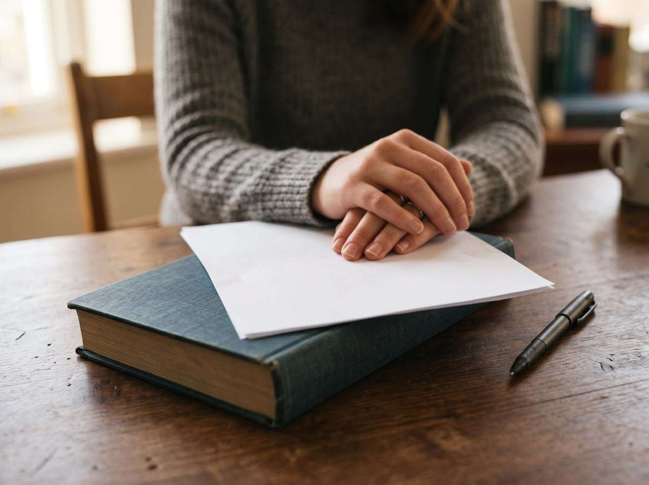 Active recall in pratica: mani di studente con foglio bianco su libro chiuso alla scrivania