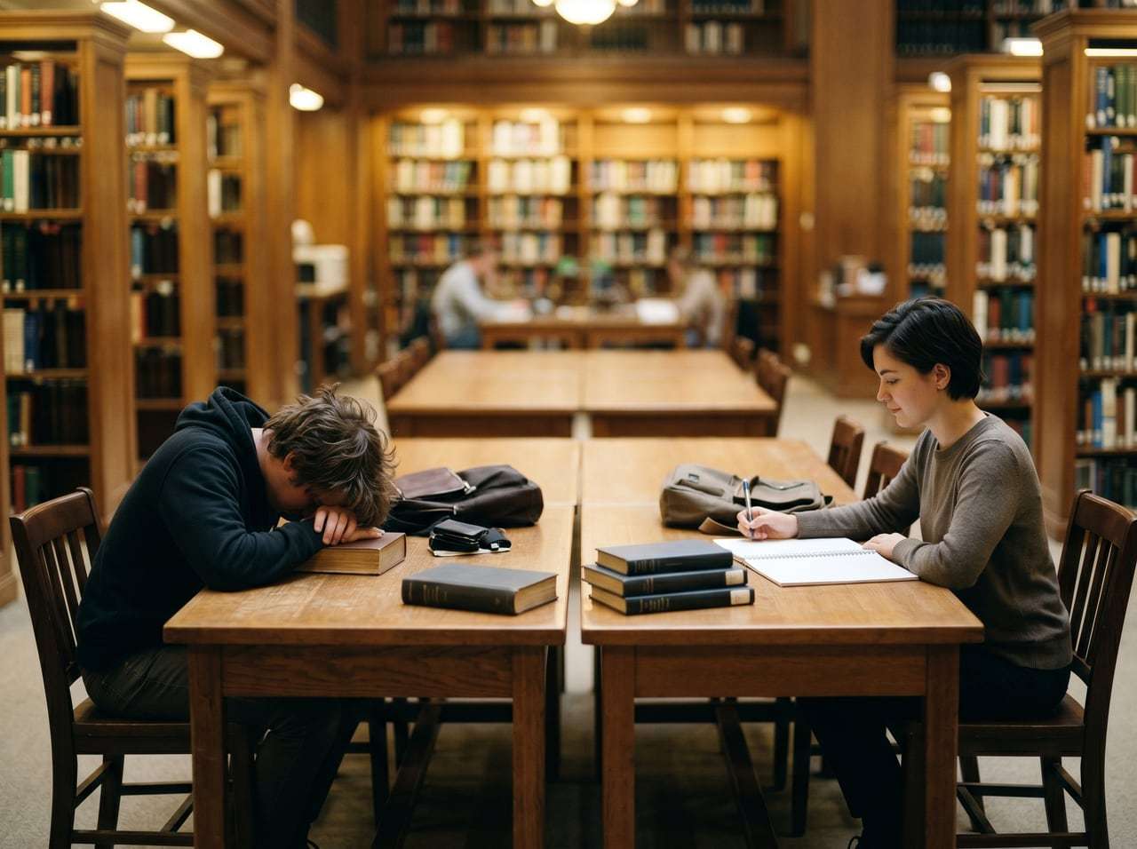 Active recall vs rilettura: due studenti universitari in biblioteca con approcci diversi allo studio