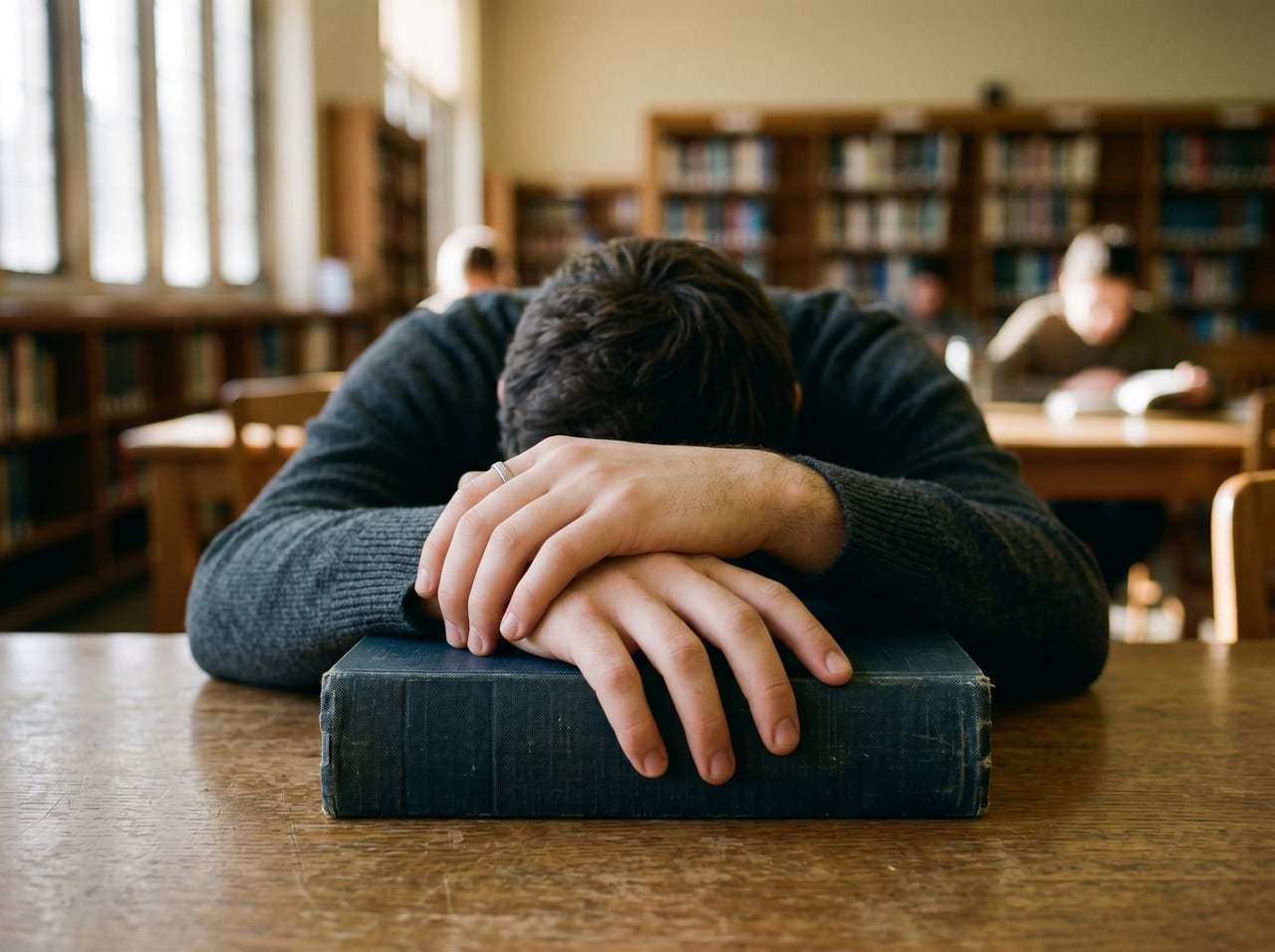 Mani di studente su un libro chiuso in biblioteca — lacune nel metodo di studio secondo Laurea Lampo