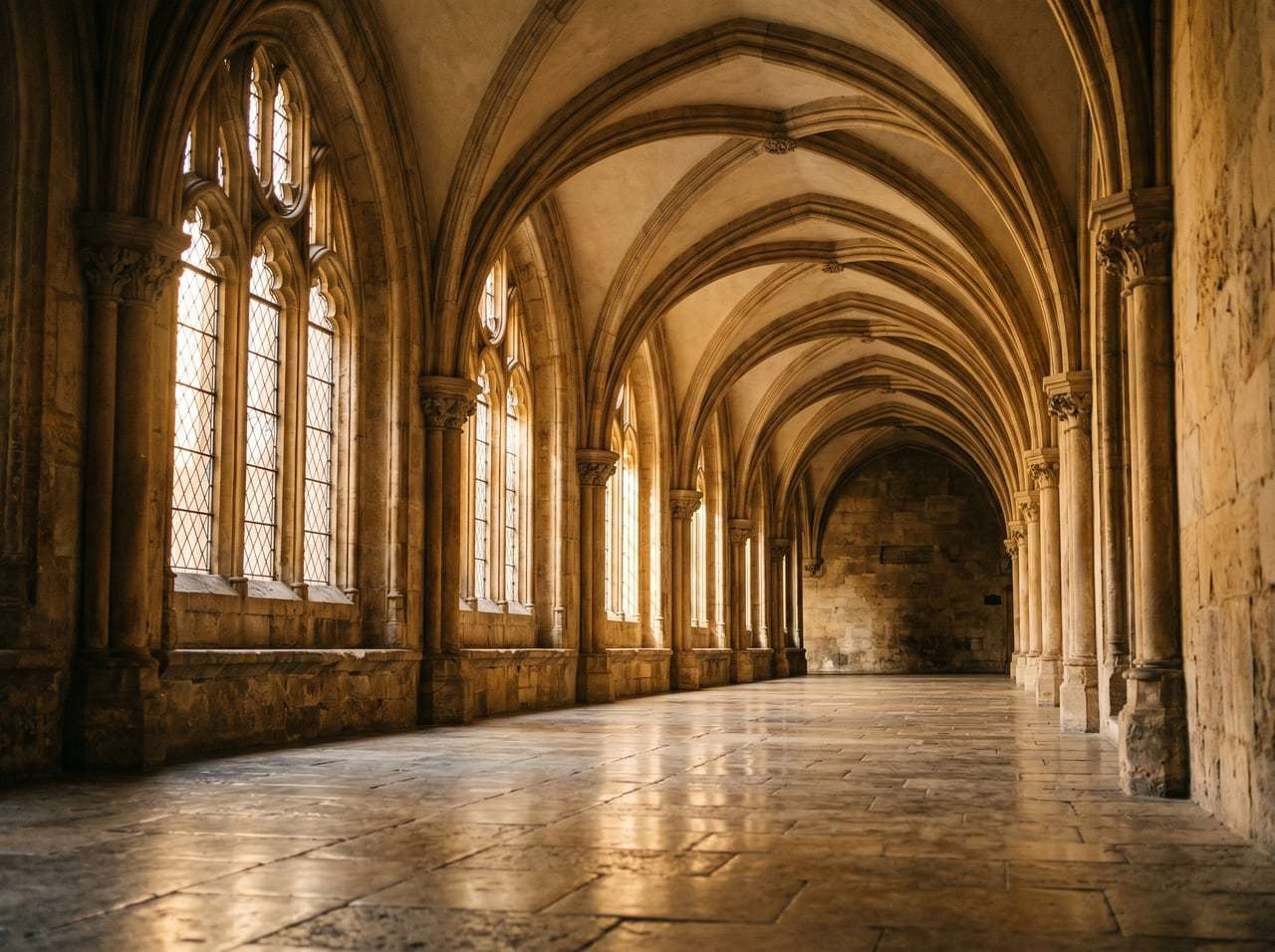 Corridoio universitario con archi in pietra e luce dorata — il Palazzo della Memoria spiegato in Laurea Lampo