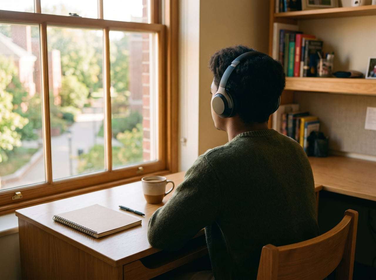 Studente con cuffie alla scrivania: musica per studiare come sottofondo per la concentrazione