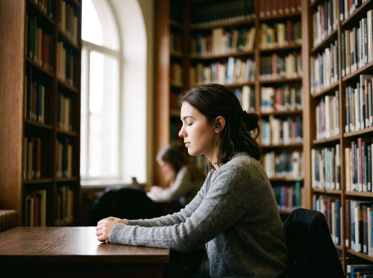 Studente concentrato con cuffiette in biblioteca: musica per studiare che scompare durante lo studio