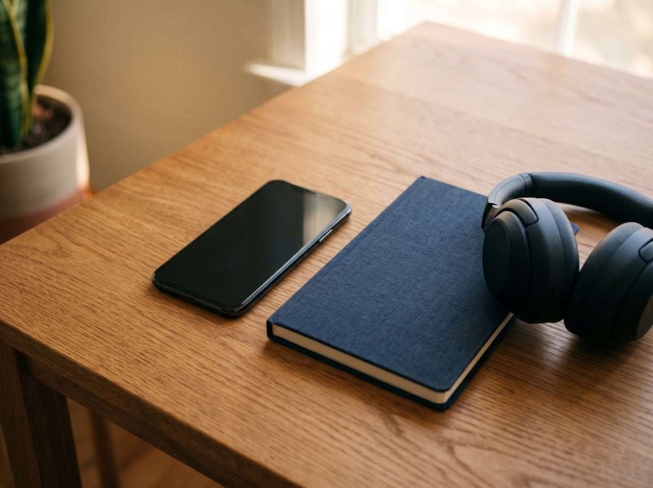 Telefono capovolto e cuffie sulla scrivania: musica per studiare e distrazioni disattivate per concentrarsi